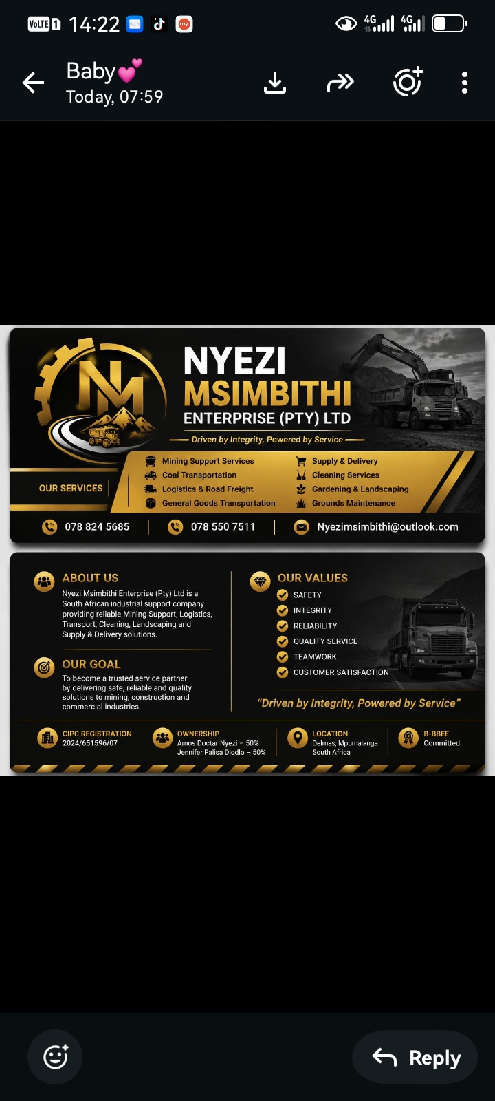 Nyezi Msimbithi Enterprise business card